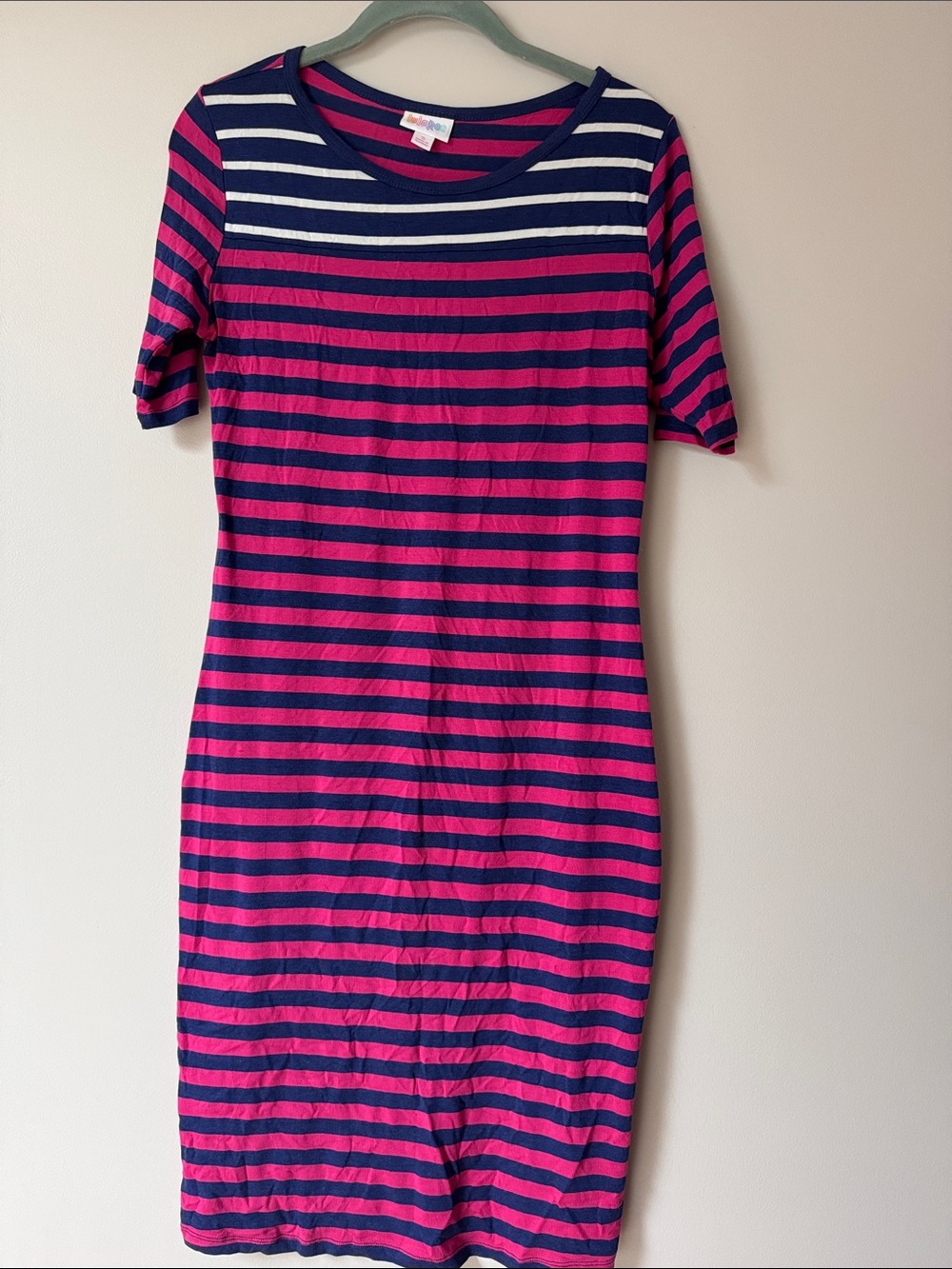 LuLaRoe Pink and Navy Striped Midi Dress